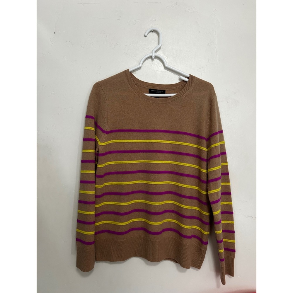 Banana Republic 100% Cashmere Striped Crewneck Sweater Camel Purple Yellow‎ L